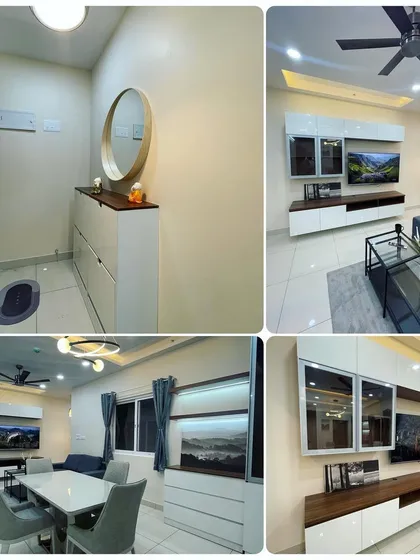 This collage shows the completed interiors for a 2BHK rental property in Prestige Jindal City. We used a combination of glossy and matte laminates to create a durable, stylish, and welcoming space for tenants.