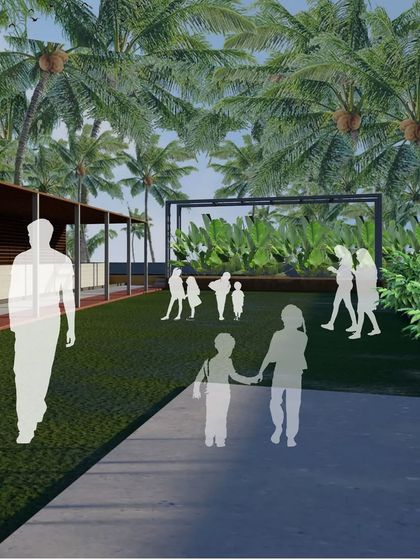 This view of the main event lawn shows its capacity for hosting large groups. A simple, dark-framed structure in the background can serve as a stage or a photo backdrop, framed by tropical plants.