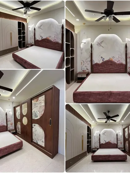 This luxury master bedroom is a perfect example of our commitment to bespoke design. We combined custom-printed headboards and wardrobe panels with elegant lighting and a rich color palette to create a truly personal and serene retreat.
