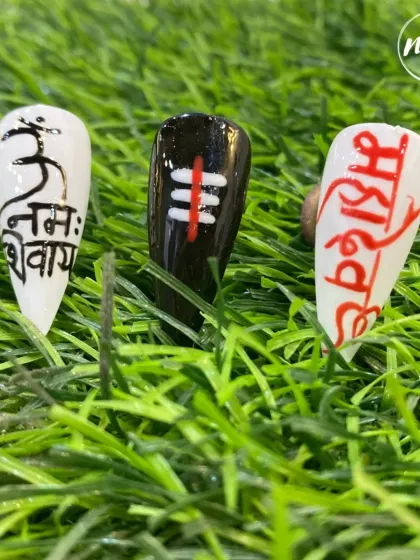 A devotional nail art set created by our trainer, Pratesh, for Mahashivratri. This shows how nail art can be a form of personal expression.
