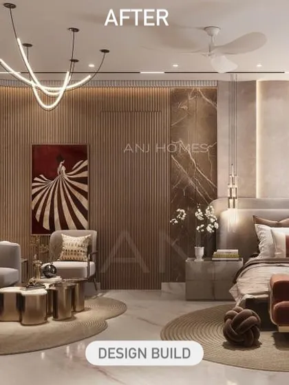 The final result of a complete bedroom transformation. We turned a bare shell into a luxurious retreat by layering warm lighting, soft curves, and rich textures. This space features custom millwork, a hidden door, and natural stone details, all coming together to create a room that feels both expansive and incredibly cozy.