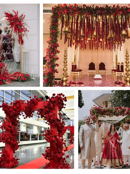 Classic red never goes out of style. This collection shows different ways I use a monochrome red theme, from a traditional mandap with temple bells to a modern floral arch and a chic welcome sign.