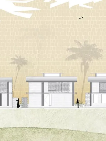 An elevation drawing for the "Pavilions in the Fields" project. The design juxtaposes solid volumes with porous screen walls, creating a visual rhythm of solidity and transparency that breathes with the landscape.
