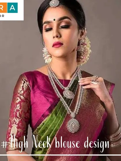 A closer look at a high-neck blouse I stitched to complement a traditional silk saree. Getting the fit right around the shoulders and neck is crucial, and it's a detail I perfect during my at-home trial sessions to ensure complete satisfaction.