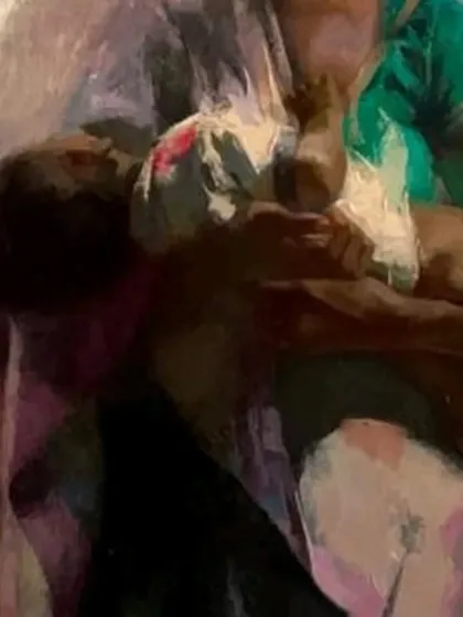 A close-up on the infant in the "Slum Family" painting, a focal point of the narrative on intergenerational challenges.