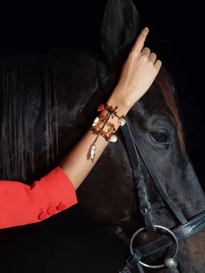 A close-up shot focusing on a bracelet, with the horse's gentle face providing a beautiful, textured background. This is a great example of creative product photography in an equestrian setting.