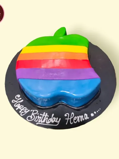 An Apple-logo-themed cake with a rainbow twist. A simple, colorful, and modern design for a fan of the brand.