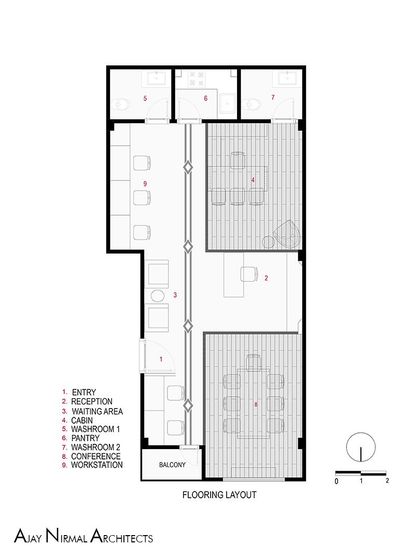 The flooring layout plan for the Jain Cosphere Office. This drawing specifies the different flooring types and patterns used to delineate spaces and guide movement through the office.