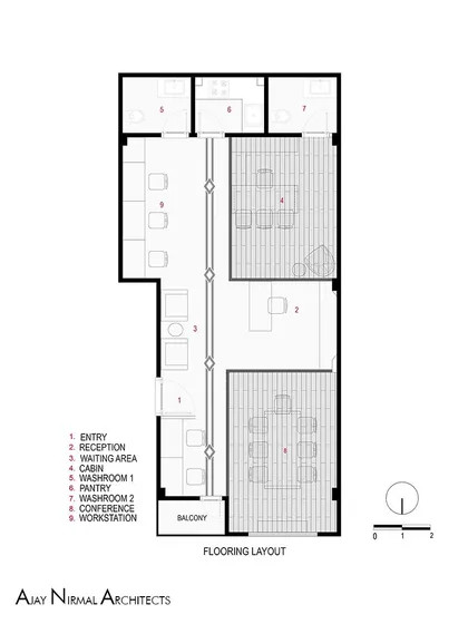 The flooring layout plan for the Jain Cosphere Office. This drawing specifies different flooring materials to visually demarcate different functional zones within the office.