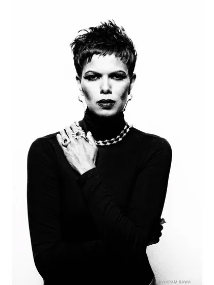 Iconic presence. This direct, powerful black and white portrait of Tinu Verghis showcases why she is a supermodel. Pure strength and confidence.