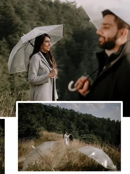 A playful pre-wedding shot using clear umbrellas on a hillside. Even if the weather is unpredictable, we can use it to create unique and romantic photos.