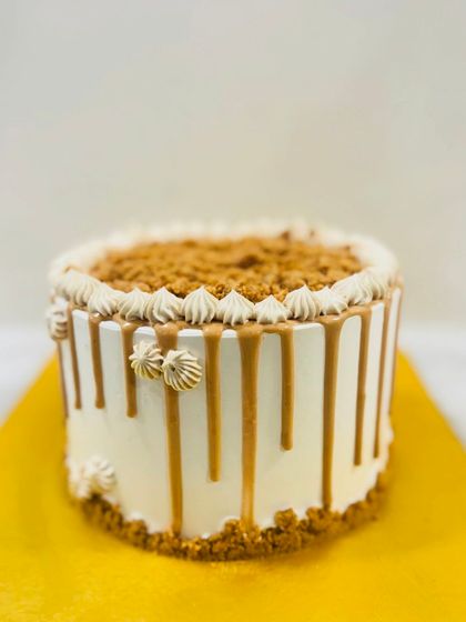 A close-up of the simple yet satisfying butterscotch drip cake.