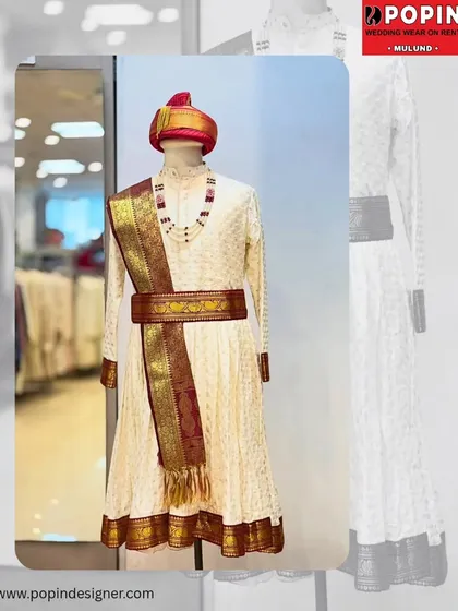 To honor tradition, I offer authentic Peshwai kurtas. This outfit, complete with the turban (pagdi), ornate shawl (dupatta), and belt, provides a complete heritage look for a Maharashtrian wedding.