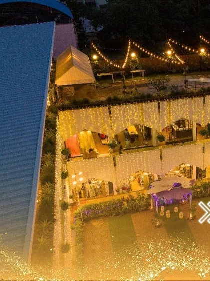 An aerial view of a sparkling evening event, showcasing the "Shaadi ka Ghar" atmosphere we create.