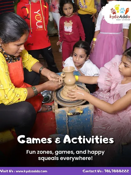 A close-up of our popular pottery workshop where a child learns to use a potter's wheel with guidance from an instructor. We believe in letting kids get their hands dirty to create something beautiful.
