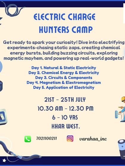 Get ready for a shocking adventure in our "Electric Charge Hunters Camp." Kids aged 6-10 dive into electrifying experiments, building circuits, exploring magnetism, and chasing static zaps.