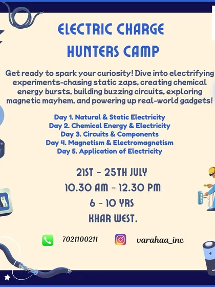 Get ready for a shocking adventure in our "Electric Charge Hunters Camp." Kids aged 6-10 dive into electrifying experiments, building circuits, exploring magnetism, and chasing static zaps.