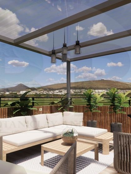 A close-up 3D render of a terrace seating area. This view focuses on the comfortable furniture arrangement and the feeling of openness provided by the pergola and the expansive view beyond.