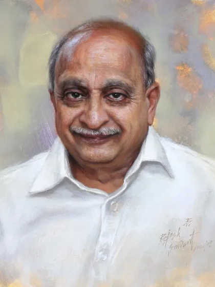 A personal commissioned portrait of Shri. Prakashsheth Vaishampayan, painted in acrylic on canvas.