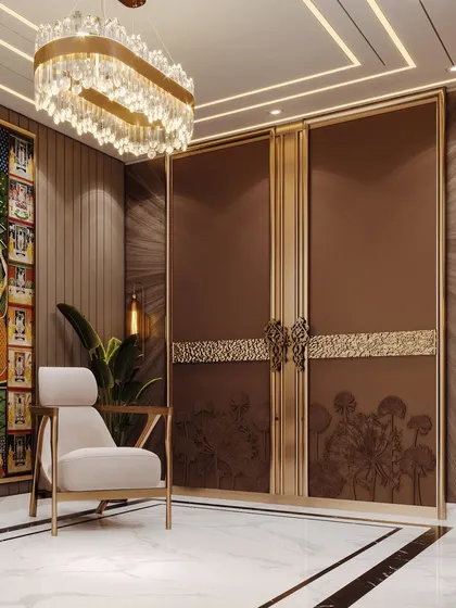 This visualization of a lounge is centered around devotion and art. The render captures the intricate details of custom doors with botanical motifs and the grandeur of a crystal chandelier.