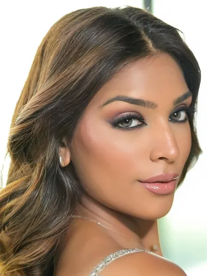 An intense close-up on the eye makeup. The smokey liner and shimmering lids are expertly blended to create a captivating and glamorous effect.