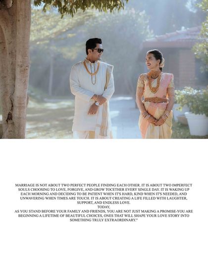 A beautiful portrait of the couple walking in a sunlit garden, with a heartfelt message about the meaning of marriage overlaid.