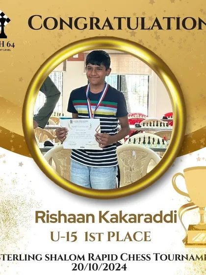 Congratulations to Rishaan Kakaraddi for winning 1st place in the U-15 category at the 1st Sterling Shalom Rapid Chess Tournament with a perfect 4/4 score.