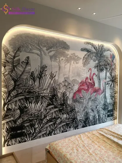 We brought a tropical retreat indoors with this custom bedroom wallpaper. The design features a dramatic, hand-drawn jungle scene in monochrome, with vibrant pink flamingos creating a stunning pop of color. The arched headboard with custom lighting makes it a true centerpiece.