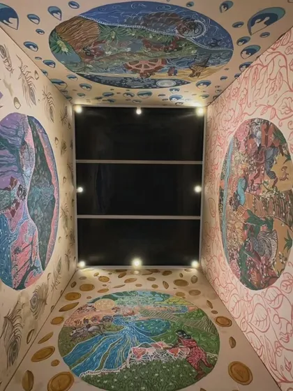 A view of "The Thinai Project," a large-scale commission I created. This immersive installation features four paintings on silk, reinterpreting classical Tamil poetry through a modern, feminist lens.