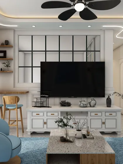 A closer look at the living area from the previous collage, highlighting the custom TV console, bar stools, and shell-back armchairs in a cohesive blue and white theme.