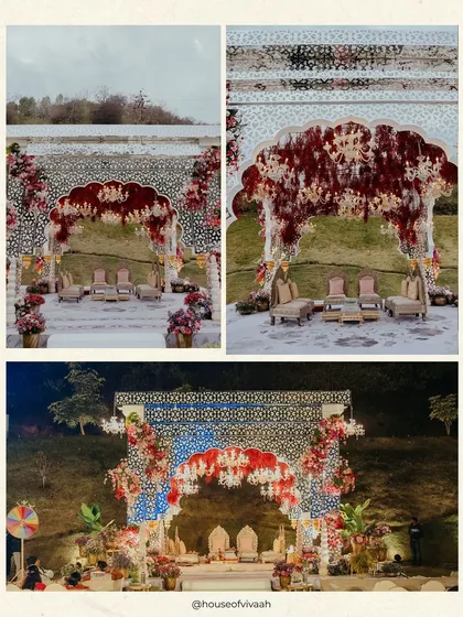 The evolution of a mandap from day to night. The intricate floral design, dense with red blooms, takes on a dramatic new life under the evening lights, showcasing the importance of lighting in our designs.