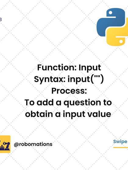 This graphic explains the 'input()' function in Python. We show how to use this syntax to add a question to your program to obtain an input value from a user.