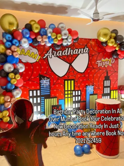 Another look at my popular Spider-Man theme, this time with a full backdrop showing the city skyline. The setup includes a life-sized Spider-Man cutout, perfect for taking pictures with.