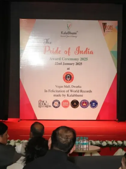 A view of the stage at "The Pride of India" Award Ceremony 2025, an event celebrating the achievements of our talented artists.
