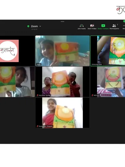A screenshot from one of my online classes, where my creative students from across Maharashtra are showing off their beautiful oil pastel landscapes.