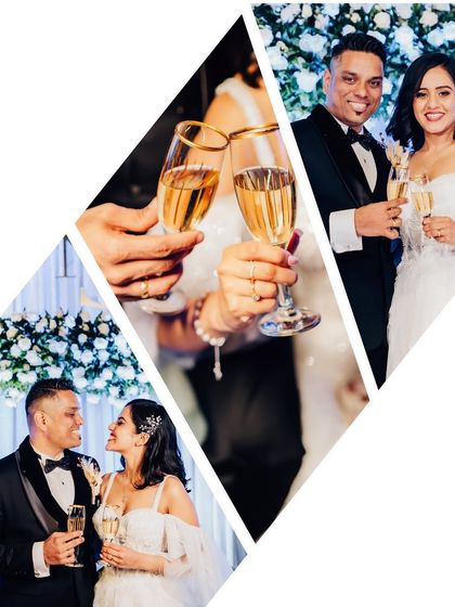 A creative collage of the champagne toast. This captures the couple celebrating, the clinking of glasses, and their happy interactions.