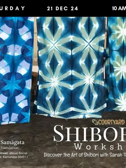 Poster for a Shibori workshop held at our partner venue, Samagata Foundation, showing the beautiful results of the dyeing process.