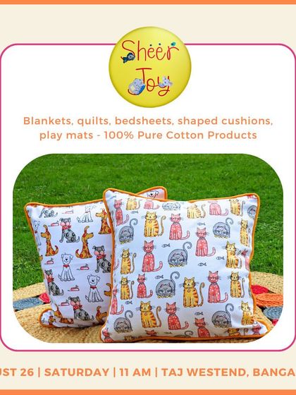 Sheer Joy offers 100% pure cotton products, including these playful cushions with cat and dog prints, perfect for adding a fun touch to your child's room.