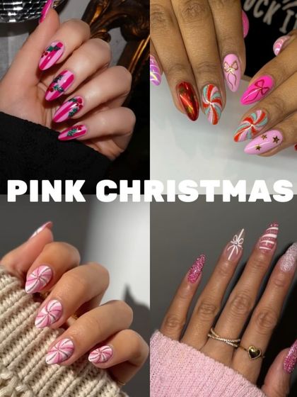December Nails Inspo, featuring "Pink Christmas." For those who want a non-traditional holiday look, this collage shows how beautiful pink can be for the festive season.
