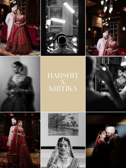 A creative collage of Harshit and Kritika's wedding, blending behind-the-scenes shots with classic portraits.