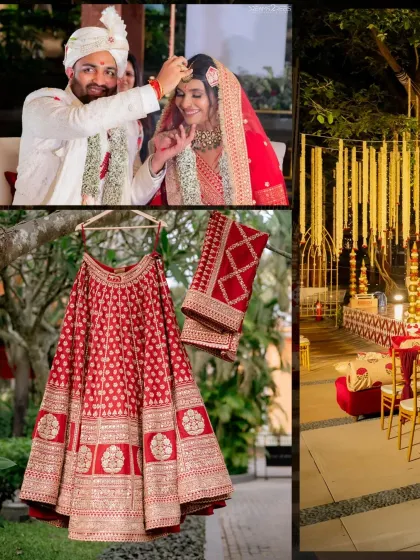 A collage capturing the essence of the wedding day: the groom's sindoor moment, the bride's stunning red lehenga, and the magnificent floral mandap.