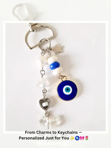 A personalized evil eye keychain, handcrafted just for you. This piece combines a large evil eye charm with white and blue beads and a heart charm for a minimal yet magical look.