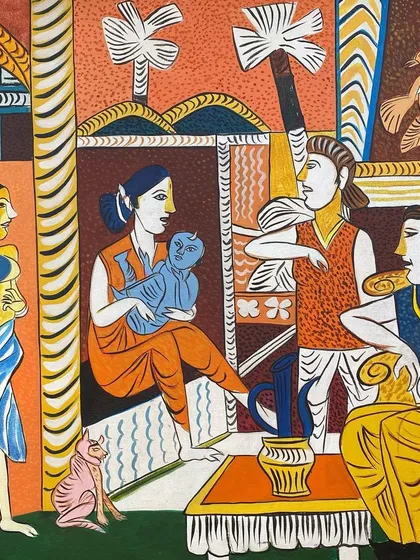 A closer view of the vibrant narrative within K. G. Subramanyan's acrylic painting. The artist, who was also a freedom fighter, was a master fabulist, transforming images and making them float, fly, and perform on the canvas.