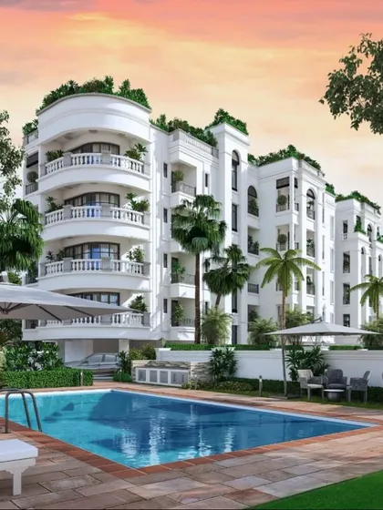 A preview of an upcoming project in Goa, designed to offer a new standard of youthful holiday living. The design combines a sophisticated, boho-chic interior with a classically inspired exterior, complete with an inviting pool and lush surroundings.