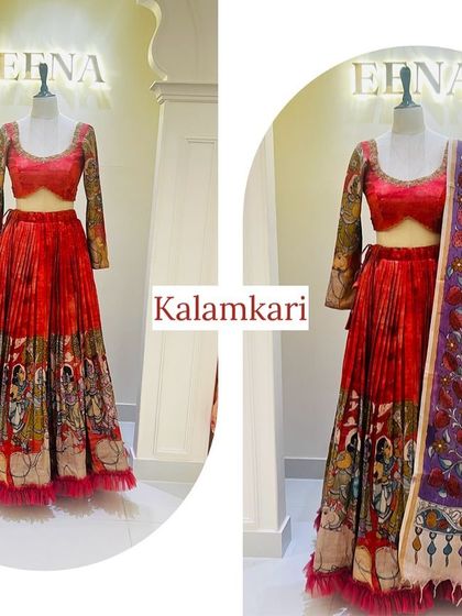 From my Vruksham series, this is a traditional pen kalamkari lehenga in a stunning rust and lavender combination. The skirt features beautiful hand-painted mythological figures, and the blouse sleeves carry the same artistic detail.