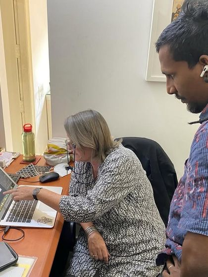 Artist Clare Arni in the office with my team, finalizing details for her 'Southern Stars' exhibition.