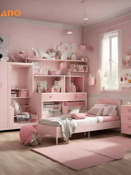 We create fully customized bedroom sets for children, designed to be both fun and functional. This image shows a complete Barbie-themed room in pink, including a bed, wardrobe, and study unit, all built to your specifications.