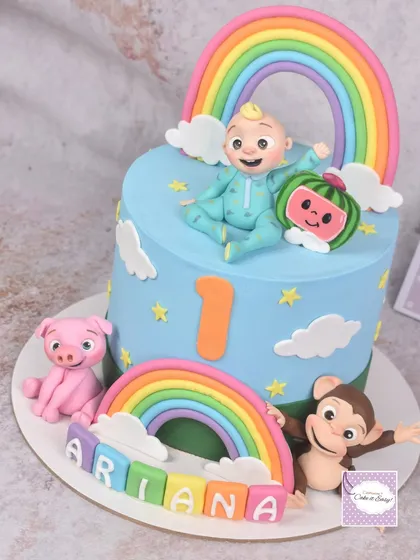 The complete Cocomelon birthday cake, a perfect centerpiece for a first birthday party.