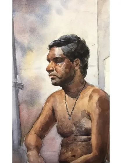A watercolour portrait study of a live model. The transparency of the medium is used here to build up layers of skin tone.
