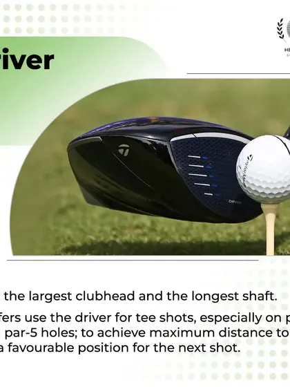 The Driver has the largest clubhead and is used for tee shots on par-4s and par-5s to achieve maximum distance. A proper fit is crucial for finding more fairways.